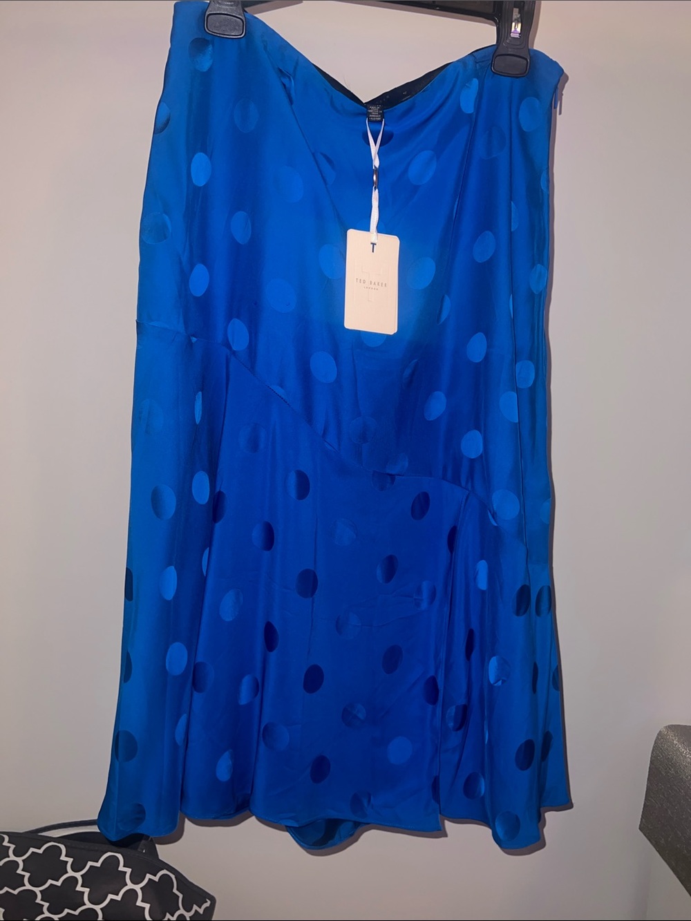 TEX BAKER Blue Polka Dot Satin Skirt